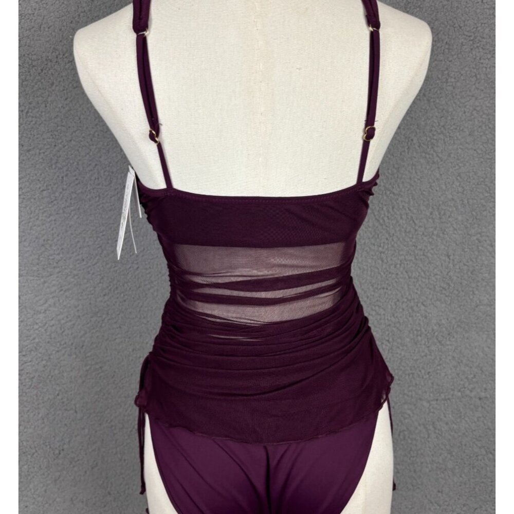 BECCA Women's Standard Muse One Piece Swimsuit High Neck Mesh Burgundy Small NWT - Picture 4 of 8